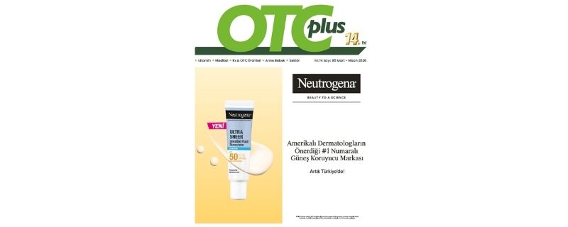OTC Plus Dergi Mart-Nisan 2026 sayısı kapak görseli. Kapakta Neutrogena güneş koruyucu ve sağlık sektörü özel içerikleri yer almaktadır.